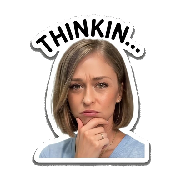 Woman resting chin on hand thinking with Thinkin text Daily Life of a Modern Woman sticker for expressive chats and social replies.