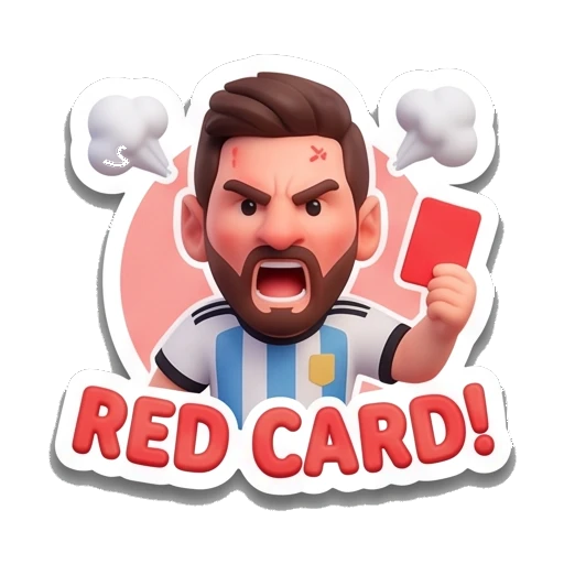 Messi character looking angry with red card, text 'RED CARD' Messimotes: Pure Emotion sticker for expressive chats and social replies.