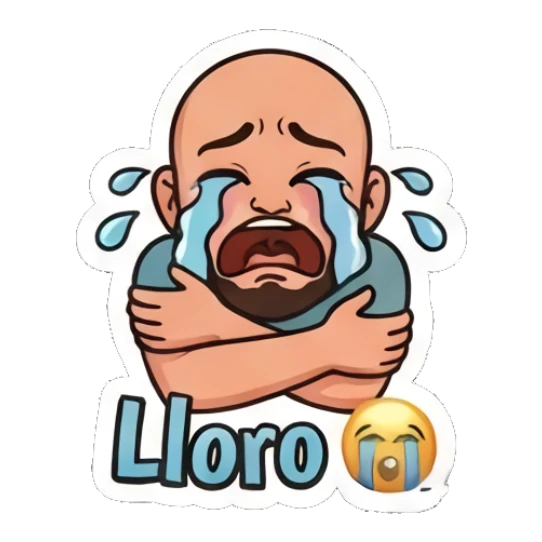 Bald man crying with arms crossed, text Lloro Bald Guy Daily Vibes sticker for expressive chats and social replies.