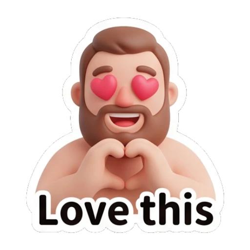 Bearded man making a heart shape with hands and heart eyes. Bearded Buddy Expressions sticker for expressive chats and social replies.