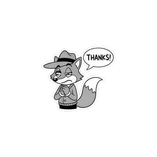 Detective fox looking grateful with hands together saying THANKS! Vintage Detective Fox sticker for expressive chats and social replies.