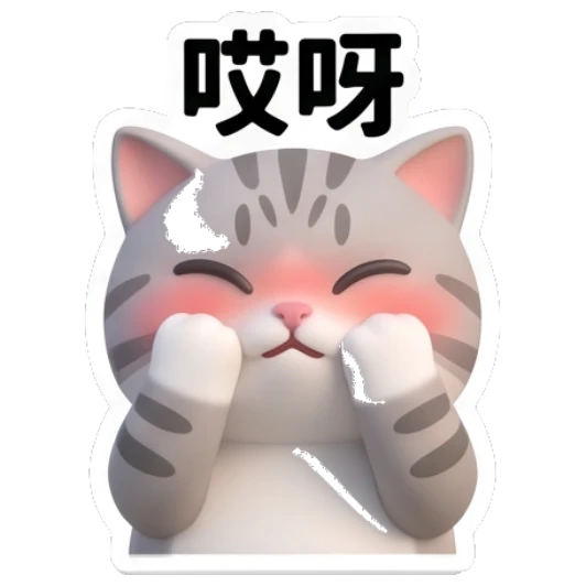 Gray cat blushing with hands on cheeks. Cheerful Gray Tabby Daily sticker for expressive chats and social replies.