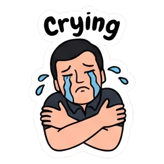 Man crying with arms crossed saying Crying. Everyday Office Guy sticker for expressive chats and social replies.