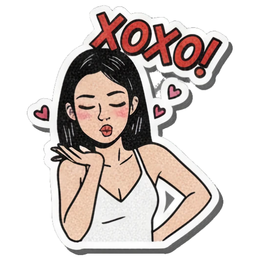 Girl blowing a kiss with hearts, text XOXO! Retro Comic Girl Expressions sticker for expressive chats and social replies.