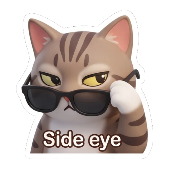 Tabby cat wearing sunglasses looking suspicious, text Side eye Tabby Cat Daily Vibes sticker for expressive chats and social replies.