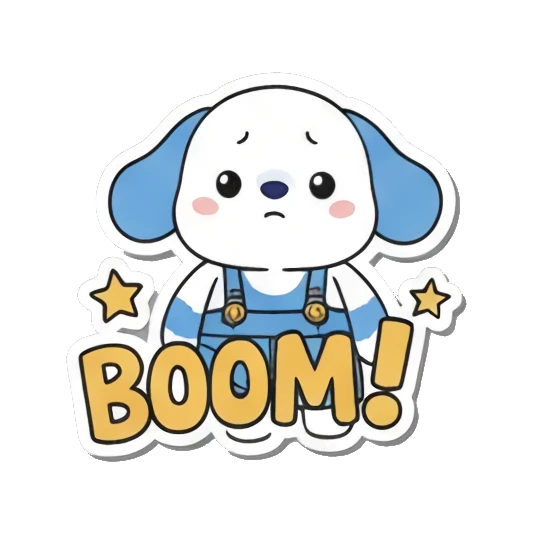 Puppy looking sad with BOOM! Little Scientist Puppy sticker for expressive chats and social replies.