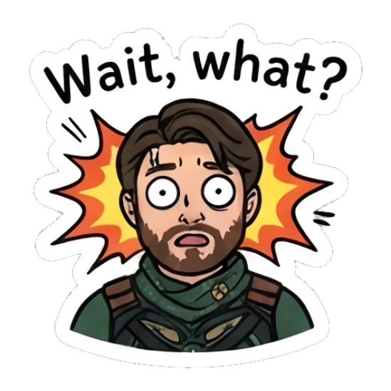 Soldier boy looking shocked with a Wait, what? text bubble Soldier Boy Daily Vibes sticker for expressive chats and social replies.