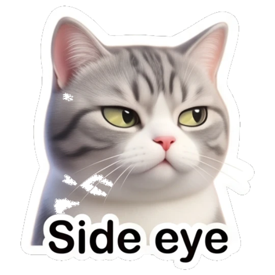 Grey cat giving side eye with Side eye text Cute Grey Tabby Expressions sticker for expressive chats and social replies.