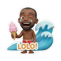 Man laughing while holding an ice cream cone, text LOLO! Summer Beach Vibes sticker for expressive chats and social replies.