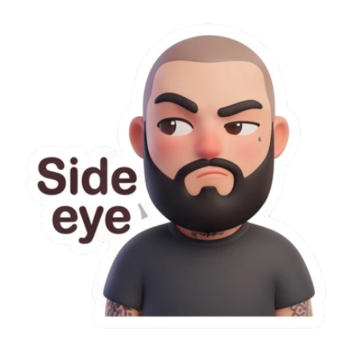 Bearded man giving a suspicious side eye, text Side eye Bearded Guy Daily Moods sticker for expressive chats and social replies.