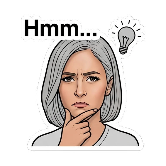 女性托腮思考，头顶灯泡，文字Hmm Modern Woman Daily Vibes sticker for expressive chats and social replies.