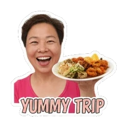 Enjoying food, 'YUMMY TRIP' Travel Adventures sticker for expressive chats and social replies.