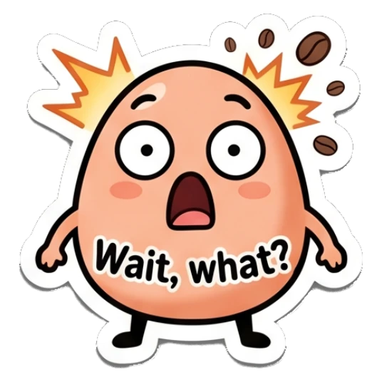 Surprised egg with coffee beans flying around and text Wait, what? Little Egg Emotions sticker for expressive chats and social replies.