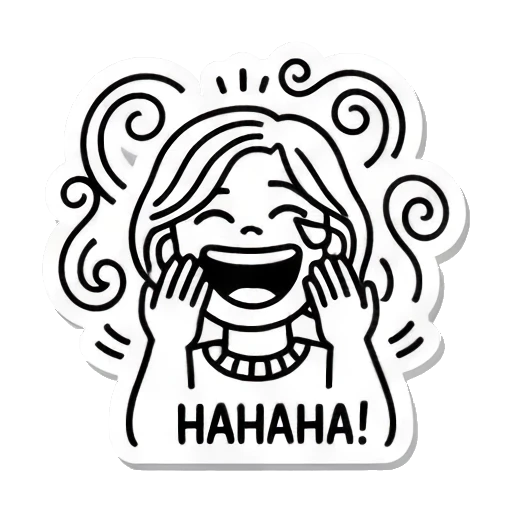 女孩大笑，文字HAHAHA Line Art Emotion Stickers sticker for expressive chats and social replies.