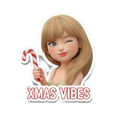 Blonde girl winking and holding a candy cane, text XMAS VIBES Festive Blonde Holiday Vibes sticker for expressive chats and social replies.