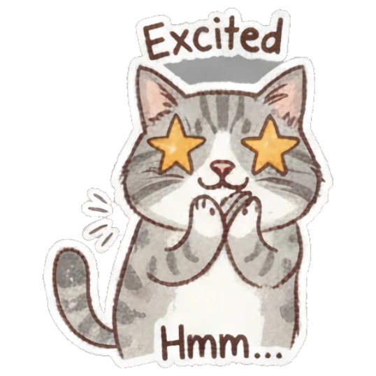 Cat looking excited with star eyes, text Excited Fluffy Doodle Cat Expressions sticker for expressive chats and social replies.