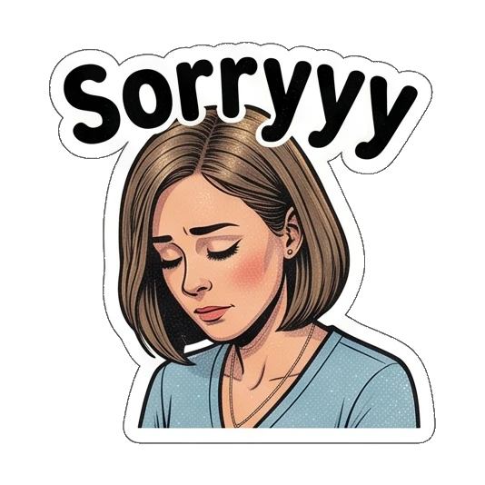 Woman looking sad and apologetic, text Sorryyy Retro Comic Office Lady sticker for expressive chats and social replies.