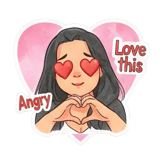 Young woman making a heart shape with hands and 'Love this' text. Modern Girl Daily Expressions sticker for expressive chats and social replies.