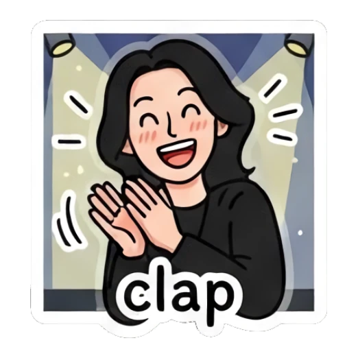 Cheerful girl clapping with stage lights in the background. Cool Rocker Girl Daily Life sticker for expressive chats and social replies.