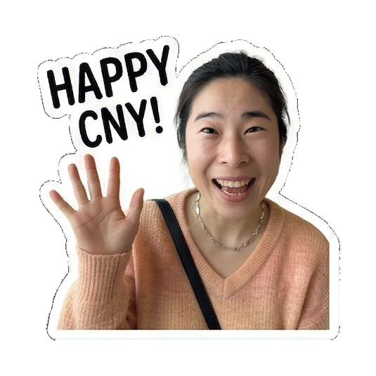 Woman waving hello for CNY Joyful Lunar New Year Moments sticker for expressive chats and social replies.