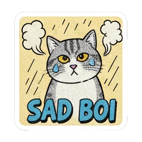 Sad cat, "SAD BOI" Retro Cat Reactions sticker for expressive chats and social replies.