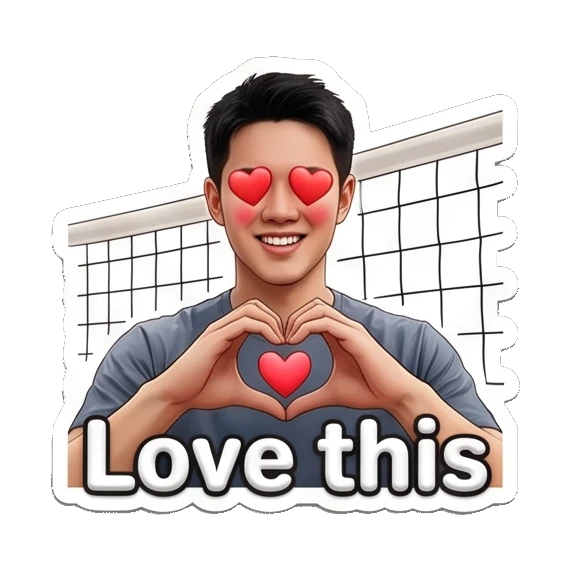 Player making heart shape with hands, text Love this Volleyball Boy Daily Life sticker for expressive chats and social replies.