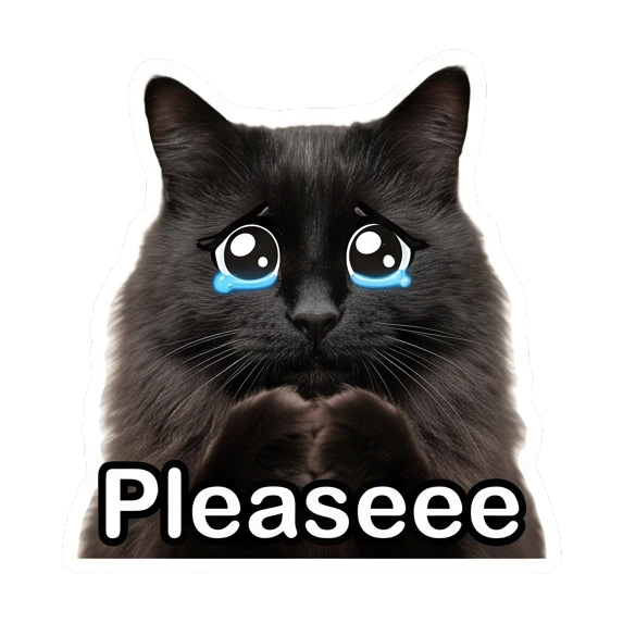Pleading black cat with teary eyes and text Pleaseee Mystic Black Cat Moods sticker for expressive chats and social replies.