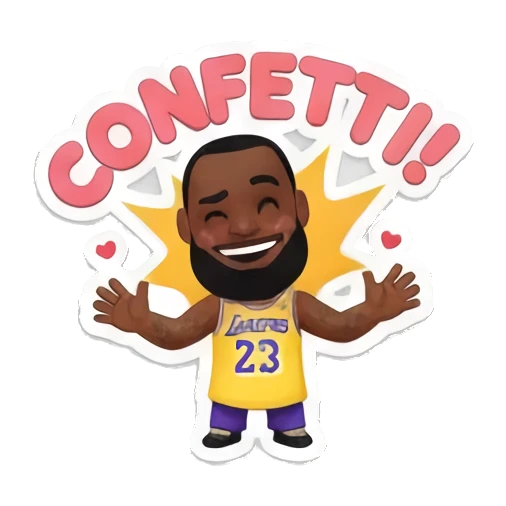 詹姆斯张开双臂欢呼，表情激动，上方有CONFETTI文字 King James Court Vibes sticker for expressive chats and social replies.