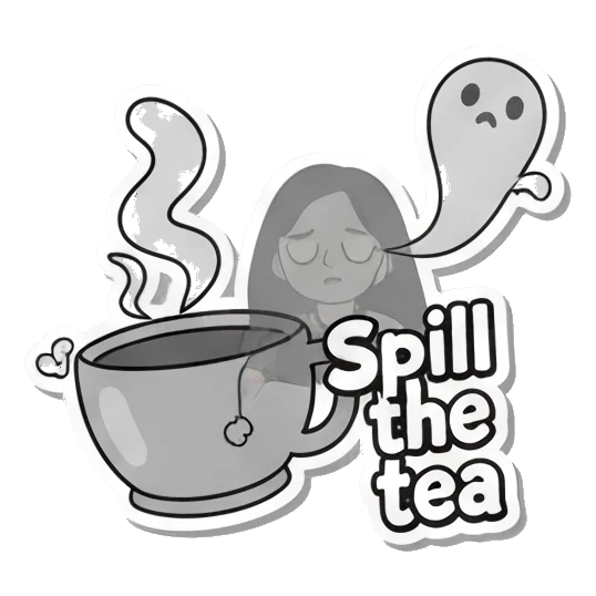Girl with tea cup and ghost with text Spill the tea Soccer Fan Girl Daily Life sticker for expressive chats and social replies.