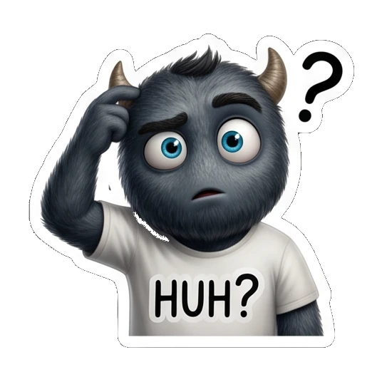 Male monster scratching head in confusion, labeled HUH? Furry Monster Family Life sticker for expressive chats and social replies.
