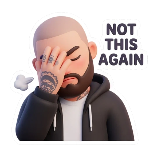 Bearded man facepalming in frustration, text NOT THIS AGAIN Bearded Guy Daily Vibes sticker for expressive chats and social replies.