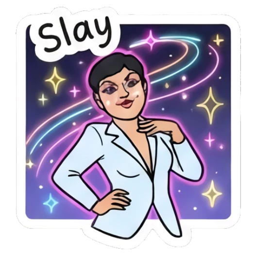 Man posing confidently with 'Slay' text and cosmic background Office Guy Daily Vibes sticker for expressive chats and social replies.