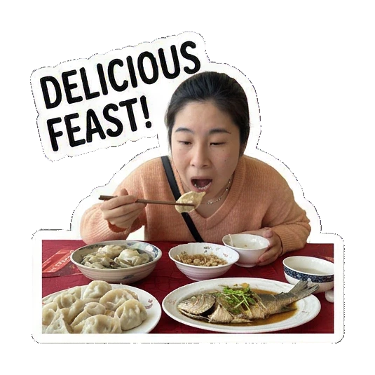Eating a delicious meal Joyful Lunar New Year Moments sticker for expressive chats and social replies.
