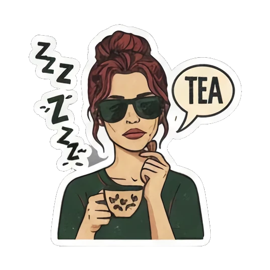 Relaxing 'TEA' with sunglasses and Zzz Expressive Gal's Daily Moods sticker for expressive chats and social replies.