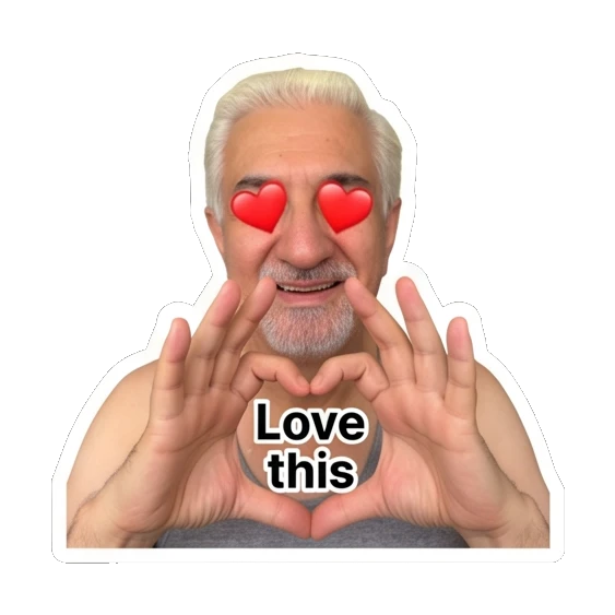 Man making a heart shape with hands and 'Love this' text. Silver Fox Daily Vibes sticker for expressive chats and social replies.
