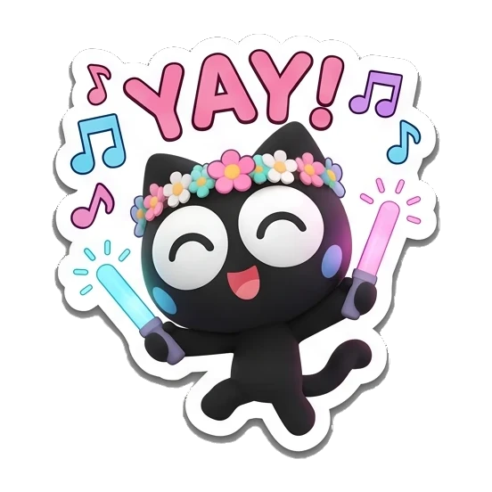 黑猫挥舞荧光棒 Melodic Black Cat sticker for expressive chats and social replies.