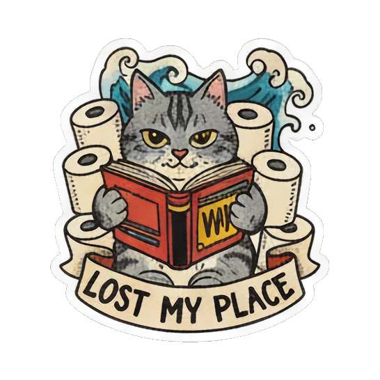 cat surrounded by toilet paper rolls Literary Tabby Adventures sticker for expressive chats and social replies.