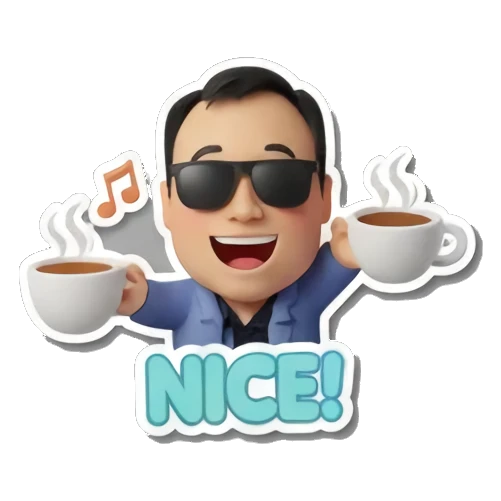 职场男士戴墨镜手持咖啡杯，表情酷炫，文字NICE Office Guy Daily Vibes sticker for expressive chats and social replies.