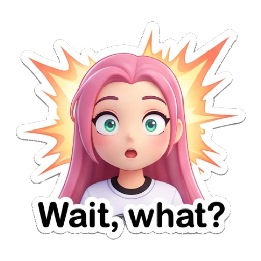 Pink-haired girl looking shocked with text Wait, what? Pinky Pop Adventures sticker for expressive chats and social replies.