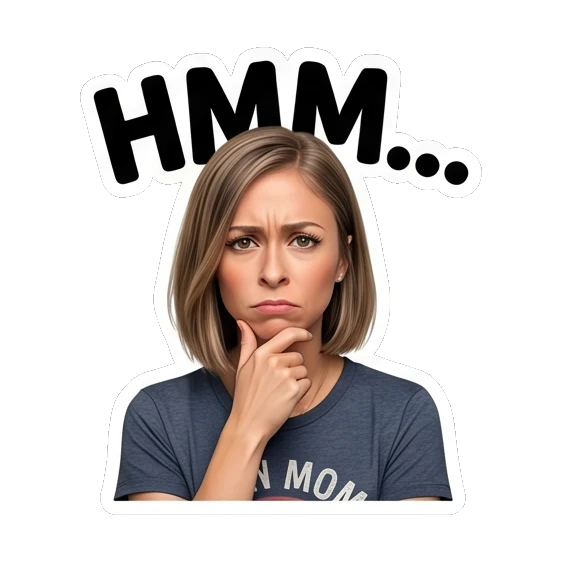 Mom thinking with a hand on her chin. Mally Mom Daily Life sticker for expressive chats and social replies.