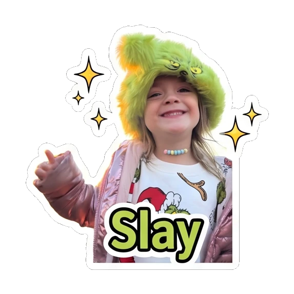 Child in green hat posing confidently with sparkles with text Slay Grinchy Kid Moods sticker for expressive chats and social replies.