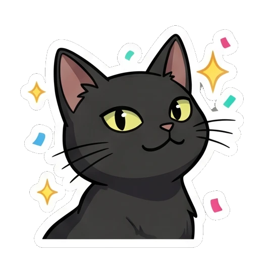 Black cat looking proud and confident with sparkling confetti. Little Black Cat Expressions sticker for expressive chats and social replies.