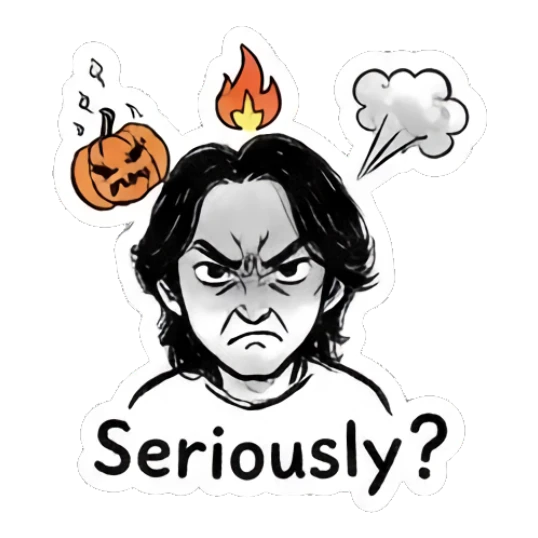 Angry boy with pumpkin and fire, text Seriously Autumn Indie Doodle Guy sticker for expressive chats and social replies.