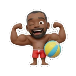 Man flexing muscles with a beach ball, text WHOA! Summer Beach Vibes sticker for expressive chats and social replies.