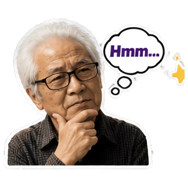 Pensive elderly man resting chin on hand with text 'Hmm...' Grandpa Daily Vibes sticker for expressive chats and social replies.