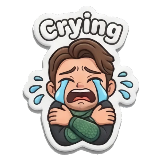 Sad hero crying with tears and hugging self saying Crying. Heroic Daily Vibes sticker for expressive chats and social replies.