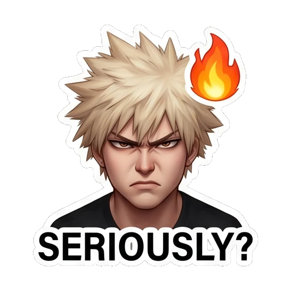 Spiky hair boy looking angry with a flame icon above his head. Spiky Hair Anime Boy Expressions sticker for expressive chats and social replies.