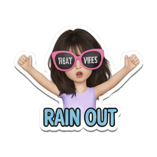 Girl wearing pink sunglasses, arms raised, text 'RAIN OUT' Music Festival Girl sticker for expressive chats and social replies.