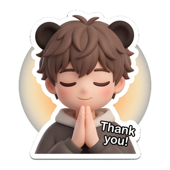 Boy with bear ears praying with text Thank you. Brown Bear Boy Daily sticker for expressive chats and social replies.