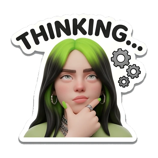 Billie character chin on hand with THINKING... text, contemplative Billie Eilish 3D Expressions sticker for expressive chats and social replies.